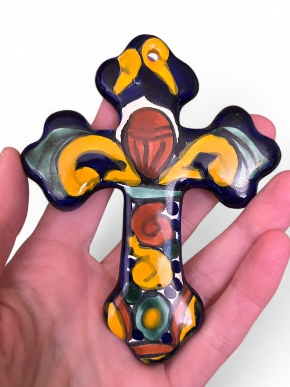 Hand-Painted Ceramic Cross Wall Accent - Yellow & Blue